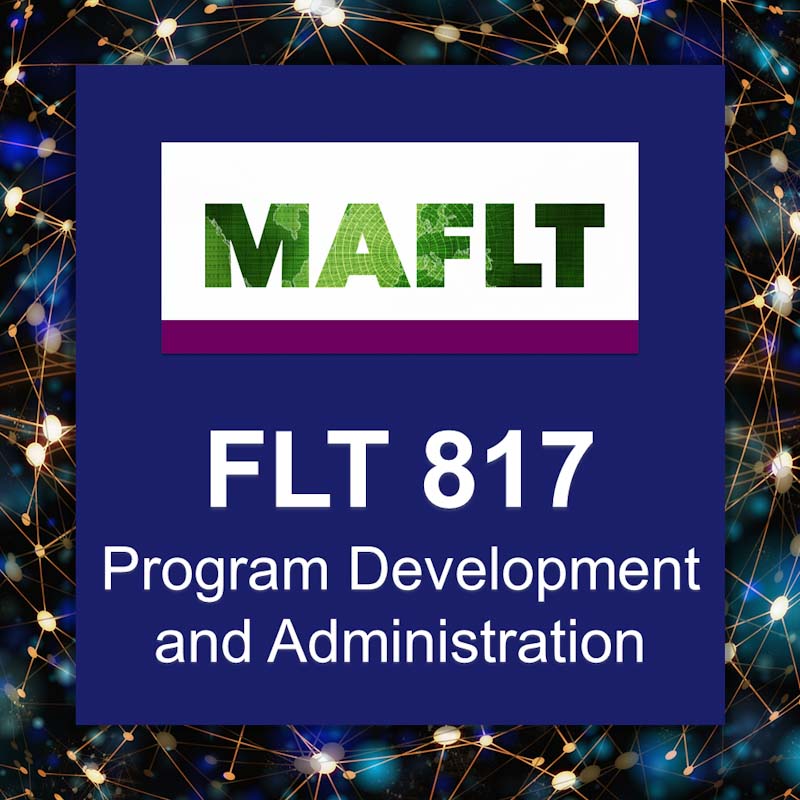 FLT 817 Language Program Administration logo on indigo background with networked stars